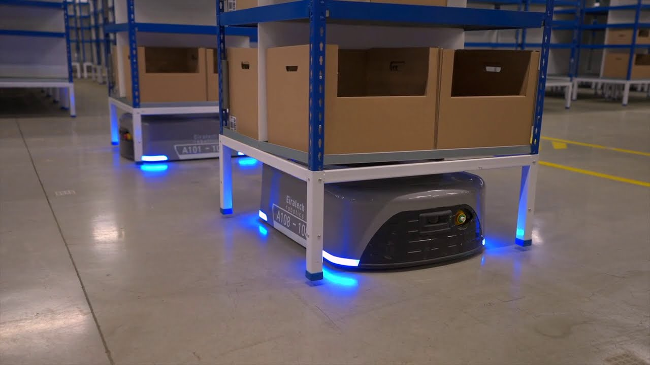 Eiratech warehouse robot beneath a storage rack carrying boxes